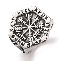Шестиугольник Мужские широкие кольца на палец viking 304 vegvisir из нержавеющей стали, антикварная silverr, шестиугольник, размер США 11 (20.6 мм)