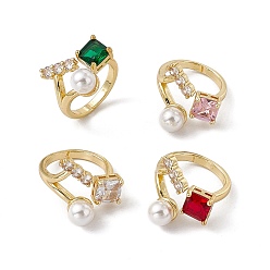 Mixed Color Rack Plating Brass Cubic Zirconia Cuff Rings for Women, Square Long-Lasting Plated Open Ring, with Plastic Imitation Pearl, Lead Free & Cadmium Free, Real 18K Gold Plated, Mixed Color, 2.7~18.5mm, Inner Diameter: US Size 6 1/4(16.8mm), Square: 7x7.5mm, Rectangle: 10.5x3.5mm, Plastic Pearl: 7mm