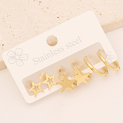 Golden 3 Pairs 3 Style 304 Stainless Steel Hoop Earrings, Stud Earrings, Ring & Star, Golden, 60x40mm, 1 Pair/style