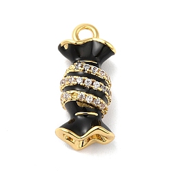 Black Rack Plating Brass Cubic Zirconia with Enaml Pendants, Lead Free & Cadmium Free, Long-Lasting Plated, Real 18K Gold Plated, Candy, Black, 17x8x6.5mm, Hole: 1.8mm