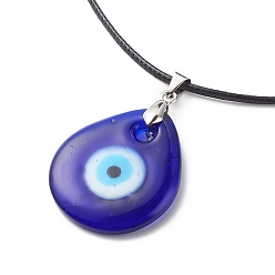 Teardrop Blue Lampwork Evil Eye Pendant Necklace with Waxed Cord for Women, Teardrop Pattern, Pendant: 41x30x5mm, 17.64~17.72 inch(44.8~45cm)
