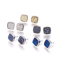 Mixed Color Brass Stud Earrings, with Druzy Resin Cabochon, with Ear Nuts, Square, Platinum, Mixed Color, 15x15x4~6mm, Pin: 0.8mm, Side Length: 12.5mm