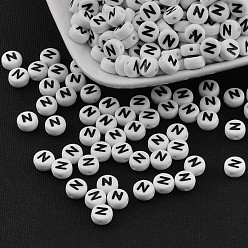 Letter N Acrylic Beads, with Horizontal Hole, Letter, Flat Round, Letter.N, 7x4mm, Hole: 1mm, about 3500pcs/500g