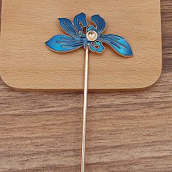 Medium Blue Alloy Enamel Hair Stick Findings, Round Bead Settings, Iron Stick, Flower, Medium Blue, 120mm