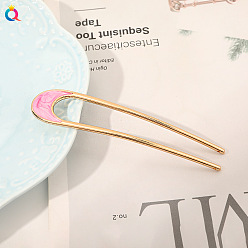 Alloy Oil Drip U-shaped Hairpin - Crescent Pink Vintage Metal Hairpin for Elegant Updo - Minimalist, U-shaped, Chic Hair Accessory.
