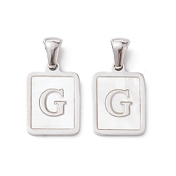 Letter G 304 Stainless Steel Pave Shell Pendants, Rectangle Charm, Stainless Steel Color, Letter G, 17.5x12x1.5mm, Hole: 3x5mm