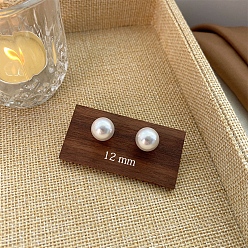 White Plastic Pearl Beads Stud Earrings, with 925 Sterling Silver Pins, White, 12mm