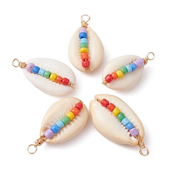 Colorful Natural Cowrie Shell Copper Wire Wrapped Pendants, Shell Shaped Charms with Glass Seed Beads, Golden, Colorful, 24.5~31x13.5~15.5x9~10mm, Hole: 1.8~2.8mm