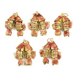 Светло-Вишневый Латунные перегородчатые подвески, подвески в виде золотых рыбок с кольцами для прыжков, золотые, светло-вишневый, 27~28.5x23~25x7.5~9 мм, отверстие : 6 мм