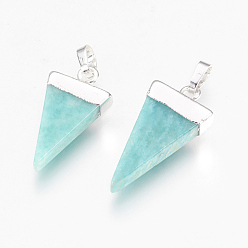 Amazonite Natural Amazonite Pendants, with Brass Findings, Triangle, Silver, 27~29x12~13x4~5mm, Hole: 4x6mm