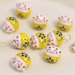 Gold Handmade Porcelain Beads, Maneki Neko Cat, Gold, 13x14mm