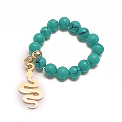 Snake Light Sea Green Turquoise Finger Rings, with Stainless Steel Pendant, Bohemia Style Rings for Women, Snake Pattern, 4mm, Inner Diameter: 17~18mm