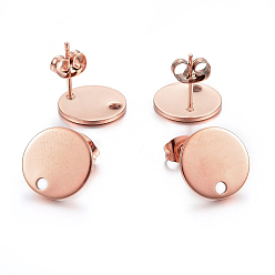 Rose Gold Ion Plating(IP) 304 Stainless Steel Stud Earring Findings, with Loop and Flat Plate, Ear Nuts/Earring Backs, Flat Round, Rose Gold, 12x1mm, Hole: 1.4mm, Pin: 0.8mm