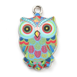 Pale Turquoise Printed Alloy Pendants, Platinum, Owl Charm, Pale Turquoise, 23x13.5x2mm, Hole: 1.7mm
