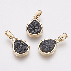 Black Natural Druzy Agate Pendants, with Brass Finding, teardrop, Golden, Black, 14.5x10x3~4mm, Hole: 2x2.5mm