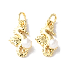 Sea Horse Brass Pendants, Ocean Themes, with ABS Imitation Pearls, Long-Lasting Plated, Cadmium Free & Lead Free, Rack Plating, Real 18K Gold Plated, with Jump Ring, Sea Horse, 15.5x9x4.5mm, Hole: 3.5mm