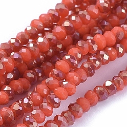 Orange Red Electroplate Glass Beads Strands, Half Rainbow Plated, Faceted, Rondelle, Orange Red, 2.5x1mm, Hole: 0.5mm, about 185~190pcs/strand, 13 inch(33cm)