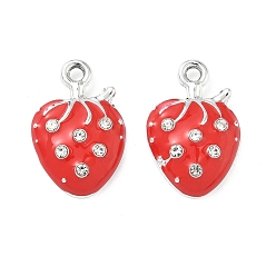 Платина Подвески из эмали и сплава, клубника прелести, uv покрытие, со стразами, платина, 18.5x12.5x4 мм, отверстие : 1.8 мм