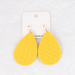 Yellow Leather Double-sided Embossed Drop-shaped Earrings for Fashionable and Personalized Look
