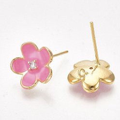 Real 18K Gold Plated Brass Cubic Zirconia Stud Earring Findings, with Loop and Enamel, Flower, Hot Pink, Nickel Free, Real 18K Gold Plated, 11.5x12mm, Hole: 1.2mm, Pin: 0.8mm