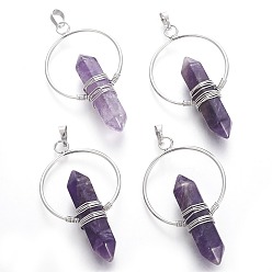 Amethyst Natural Amethyst Big Double Terminated Pointed Pendants, with Brass Findings, Bullet, Platinum, 57.5~59x33.2~34x12~12.5mm, Hole: 7.5~8x5mm