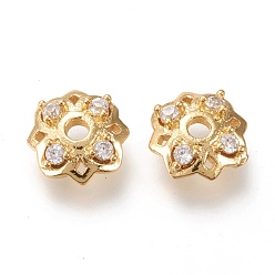 Golden 4-Petal Brass Bead Caps, with Clear Cubic Zirconia, Long-Lasting Plated, Flower, Golden, 7x3mm, Hole: 1.5mm