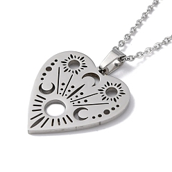 Stainless Steel Color Hollow Heart 304 Stainless Steel Pendant Necklaces, Stainless Steel Color, 16.14 inch(41cm)
