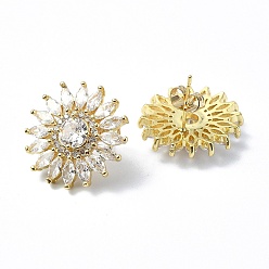 Golden Flower Shape Brass Micro Pave Cubic Zirconia Stud Earrings, Long-Lasting Plated, Golden, 21x21mm