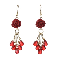 Golden Synthetic Coral & Glass Dangle Earrings for Women, Rose & Teardrop, Golden, 70x17mm