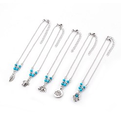 Antique Silver & Platinum Synthetic Turquoise Charms Anklets, with Tibetan Style Alloy Pendants, 304 Stainless Steel Findings and Iron Eye Pin, Mixed Shapes, Antique Silver & Platinum, 9-7/8 inch(25.1cm), Pendant: 12~20x7~15x1.5~4mm