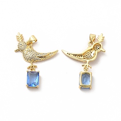 Королевский синий Латунные микро проложить кубического циркония подвески, со стеклом, очарование птицы, золотые, королевский синий, 36x21x3.5 мм, отверстие : 5.5x3.5 мм