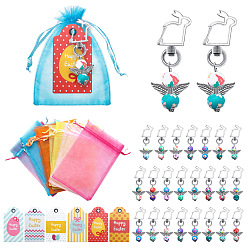 Mixed Color 72Pcs 3 Styles Easter Theme Organza Gift Bag Sets, with Zinc Alloy Rabbit Clasps and Paper Tag, Mixed Color, Bag: 12x10cm, abotu 24pcs/style