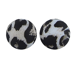 Black Round with Leopard Print Pattern Food Grade Silicone Beads, Silicone Teething Beads, Black, 15mm