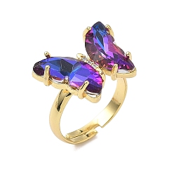 Индиго Регулируемые латунные пальцевые кольца, с четким кубического циркония, бабочка, золотые, индиговые, Размер 7, внутренний диаметр: 17 мм