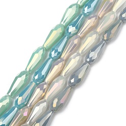 Mixed Color Electroplated Opaque Glass Beads Strands, Full Rainbow Plated, Faceted, Teardrop, Mixed Color, 15x6mm, Hole: 1mm, about 50pcs/Strand, 28.35 inch(72cm)