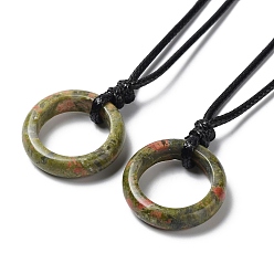Unakite Natural Unakite Ring Pendant Necklace with Waxed Cords, 29.53~29.92 inch(75~76cm), Pendant: 24x6mm