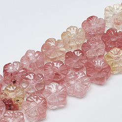Cherry Quartz Glass Carved Cherry Quartz Glass Beads Strands, Plum Blossom, 13~14x13~14x7~8mm, Hole: 1mm, about 16pcs/strand, 8.2 inch~8.6 inch