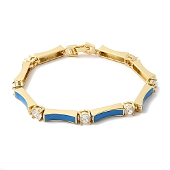 Темно-Голубой Латунные браслеты-цепочки с микропаве из прозрачных кубических цирконий для женщин, прямоугольник и плоский круглый, с эмалью, стойки покрытие, долговечный, без кадмия и без свинца, реальный 18 k позолоченный, глубокое синее небо, 6.89 дюйм (17.5 см)