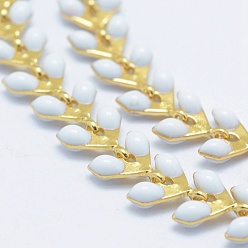 White Brass Handmade Chains, Unwelded, with Enameled Cobs, Long-Lasting Plated, Leaf, Real 18K Gold Plated, White, 6.5x6x0.5mm