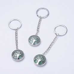 Green Aventurine Natural Green Aventurine Keychain, with Iron Key Rings, Iron Chain and Brass Finding, Flat Round with Tree of Life, 100~120mm, Pendant: 31x27x7mm
