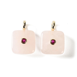 Rose Quartz Natural Rose Quartz Pendants, Square Charms with Brass Micro Pave Cubic Zirconia Findings, Golden, 28.5x16.5x10.5mm, Hole: 3.5mm