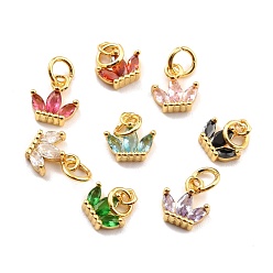 Mixed Color Brass Cubic Zirconia Charms, Real 18K Gold Plated, Cadmium Free & Lead Free, Crown, Mixed Color, 8x8x2.5mm, Hole: 3.8mm