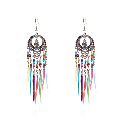 0841 Gu Yin Bohemian Feather Tassel Earrings with Intricate Cutout Design
