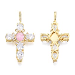 Pink Brass Micro Pave Clear Cubic Zirconia Pendants, with Abalone Shell/Paua Shell, Nickel Free, Real 18K Gold Plated, Cross, Pink, 45.5x30x6.5mm, Hole: 4x7mm