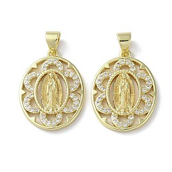 Real 18K Gold Plated Rack Plating Brass Cubic Zirconia Pendants, Lead Free & Cadmium Free, Oval with Saint, Real 18K Gold Plated, 22x16.5x2.5mm, Hole: 5x3.5mm