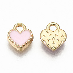 Pink Alloy Enamel Charms, Cadmium Free & Lead Free, Heart, Light Gold, Pink, 8.5x7.5x2mm, Hole: 1.6mm