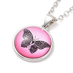 Butterfly Glass Flat Round Pendant Necklace with Brass Chain, Breast Cancer Awareness Ribbon Jewelry for Women, Butterfly Pattern, 18.70 inch(47.5cm)