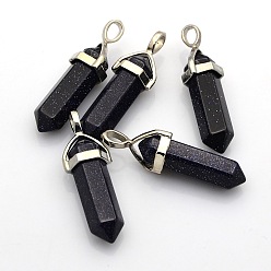 Blue Goldstone Bullet Gemstone Double Terminated Pointed Pendants, with Platinum Plated Alloy Findings, 39~41x12~13x10~11mm, Hole: 5x4mm