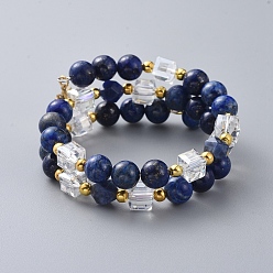 Lapis Lazuli Two Loops Fashion Wrap Bracelets, with Natural Lapis Lazuli(Dyed) Beads, Cube Glass Beads, Lotus Flower 304 Stainless Steel Charms and Iron Spacer Beads, 2 inch(5cm)