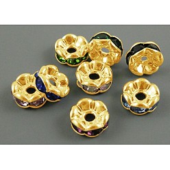 Mixed Color Brass Rhinestone Spacer Beads, Grade A, Wavy Edge, Golden Metal Color, Rondelle, Mixed Color, 7x3.2mm, Hole: 1mm